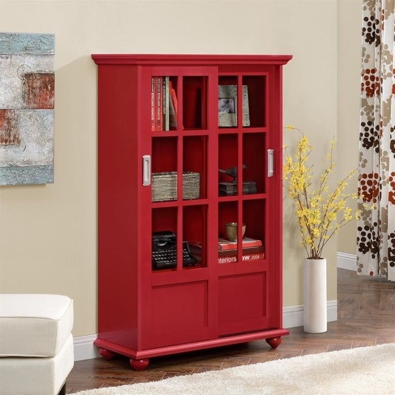 Pemberly Row Set of 2 4-Shelf Sliding Glass Door Bookcases in Red