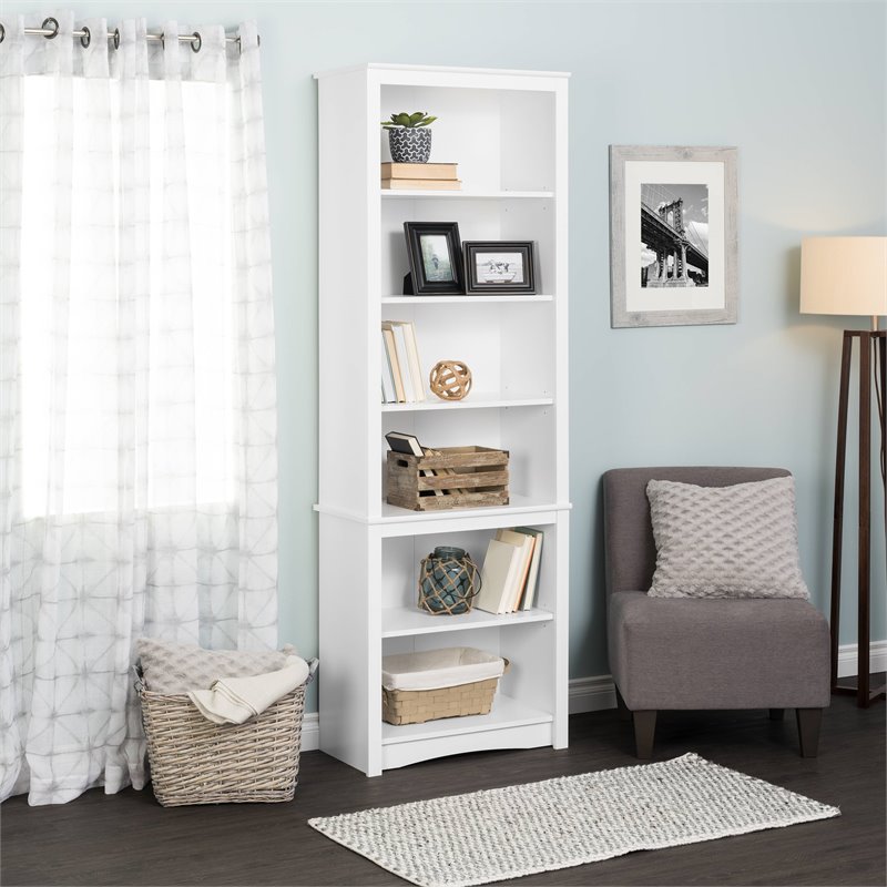 Pemberly Row Set of 2 Contemporary Tall 6 Shelf Bookcases in White