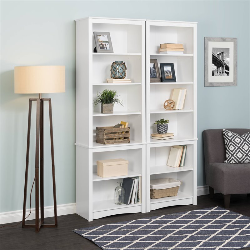 Pemberly Row Set of 2 Contemporary Tall 6 Shelf Bookcases in White