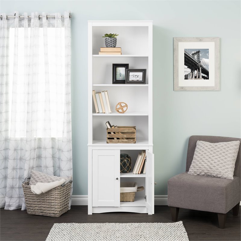 Pemberly Row Set of 2 Tall 6 Shelf Bookcases with 2 Shaker Doors in White