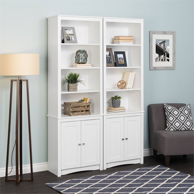 Pemberly Row Set of 2 Tall 6 Shelf Bookcases with 2 Shaker Doors in White