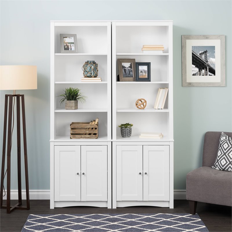 Pemberly Row Set of 2 Tall 6 Shelf Bookcases with 2 Shaker Doors in White