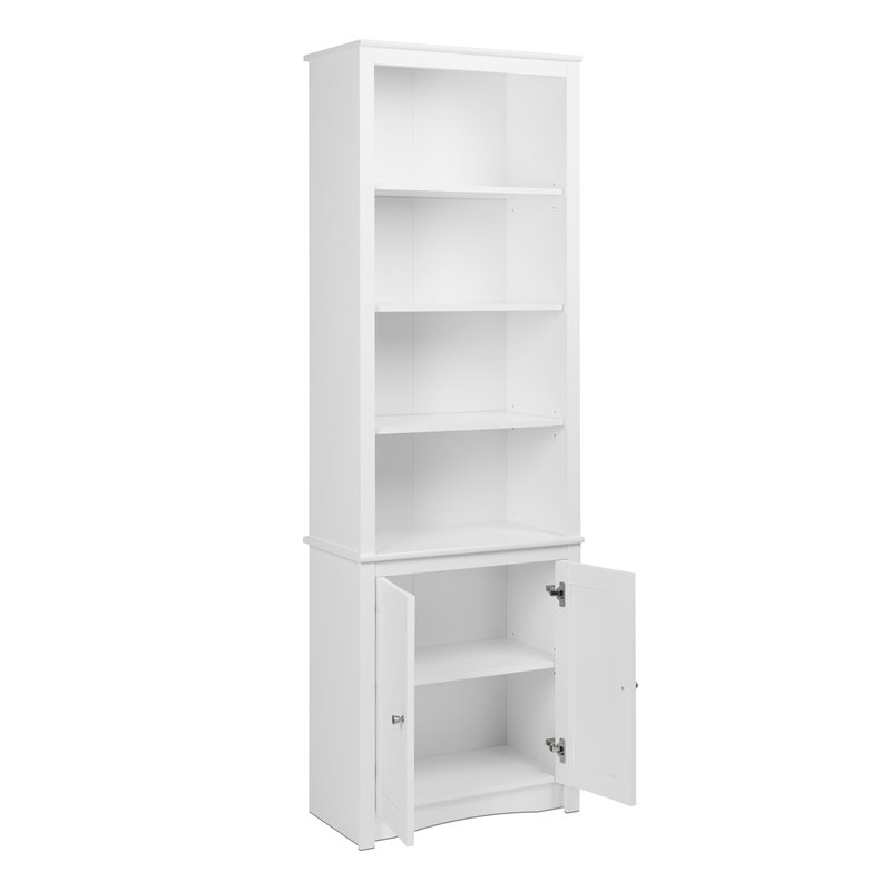 Pemberly Row Set of 2 Tall 6 Shelf Bookcases with 2 Shaker Doors in White