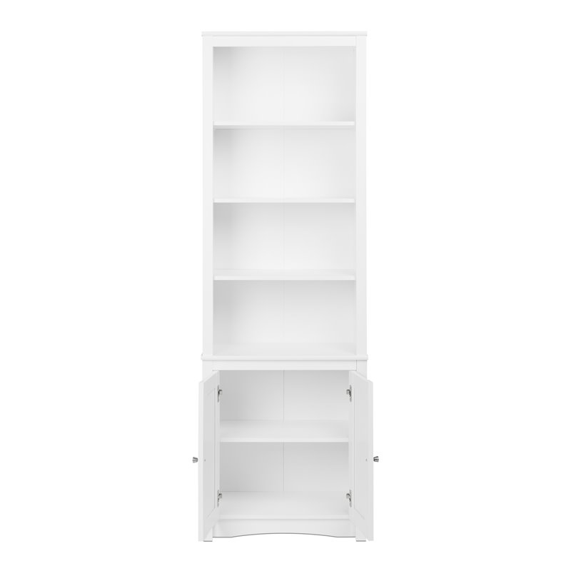 Pemberly Row Set of 2 Tall 6 Shelf Bookcases with 2 Shaker Doors in White