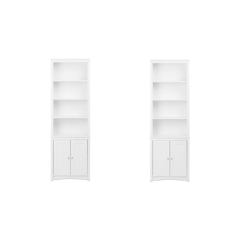 Pemberly Row Set of 2 Tall 6 Shelf Bookcases with 2 Shaker Doors in White