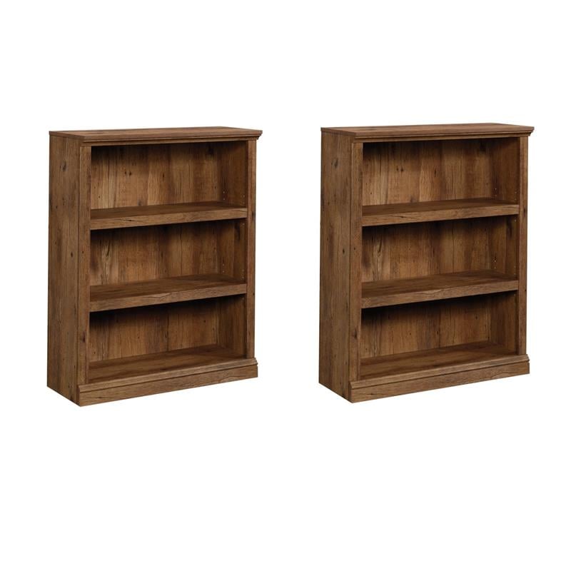 Pemberly Row Set of 2 Engineered Wood 3-Shelf Bookcases in Vintage Oak