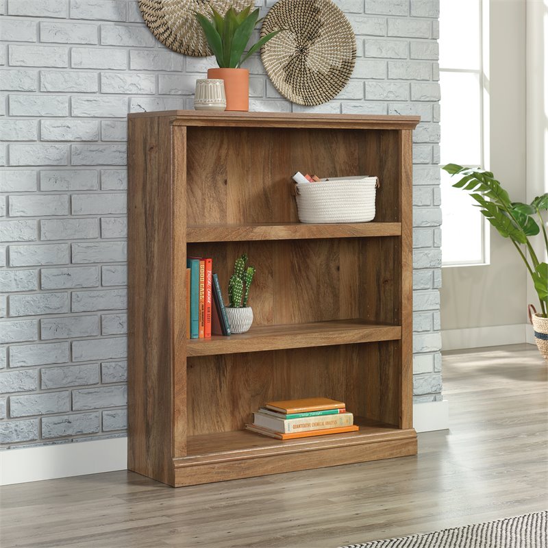 Pemberly Row Set of 2 Engineered Wood 3-Shelf Bookcases in Sindoori Mango/Brown