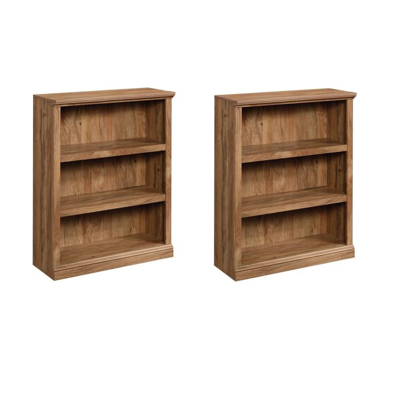 Pemberly Row Set of 2 Engineered Wood 3-Shelf Bookcases in Sindoori Mango/Brown
