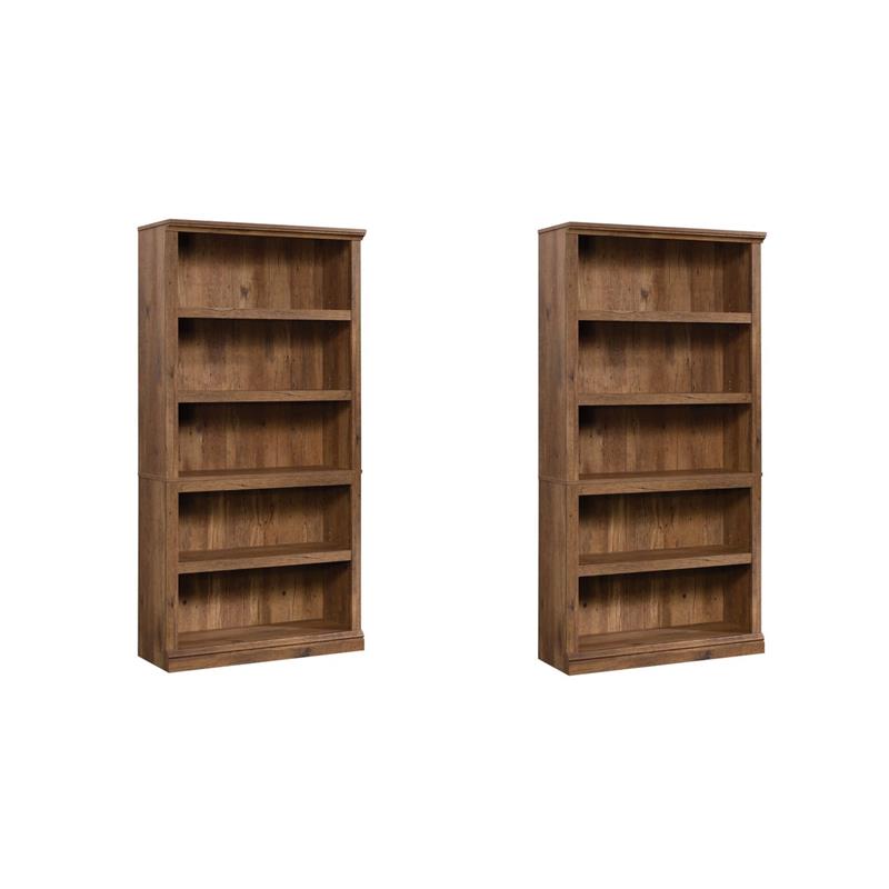 Pemberly Row Set of 2 Engineered Wood 5-Shelf Bookcases in Vintage Oak