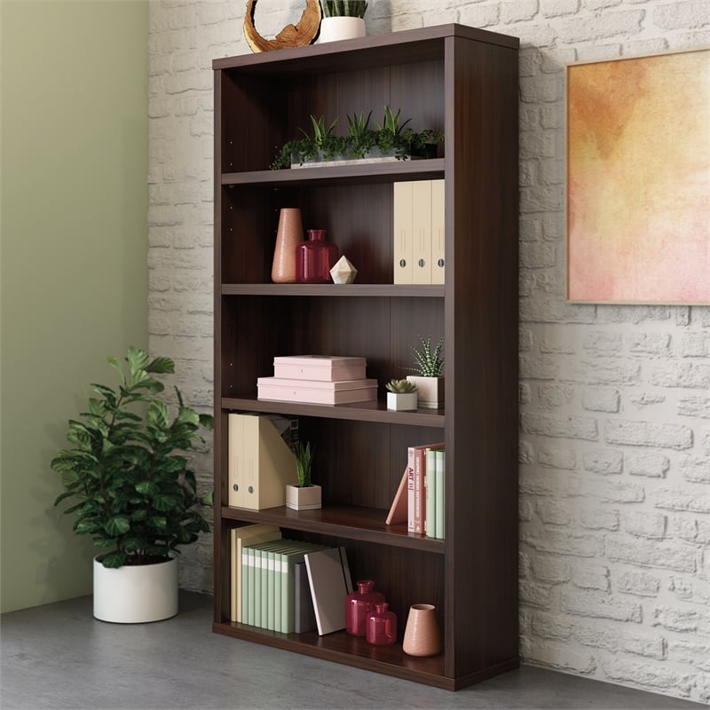 Pemberly Row Set of 2 Engineered Wood 5-Shelf Bookcases in Noble Elm/Brown