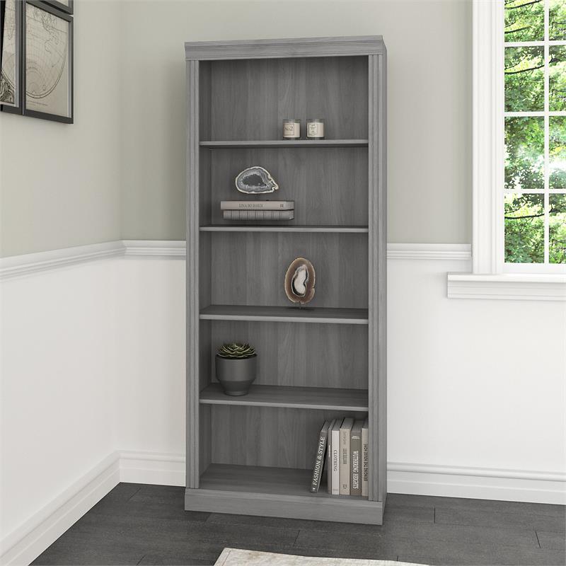Pemberly Row Set of 2 Tall 5-Shelf Bookcases in Modern Gray - Engineered Wood