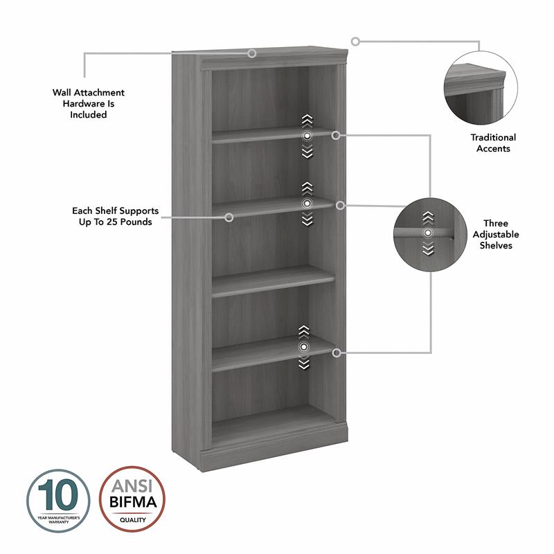 Pemberly Row Set of 2 Tall 5-Shelf Bookcases in Modern Gray - Engineered Wood