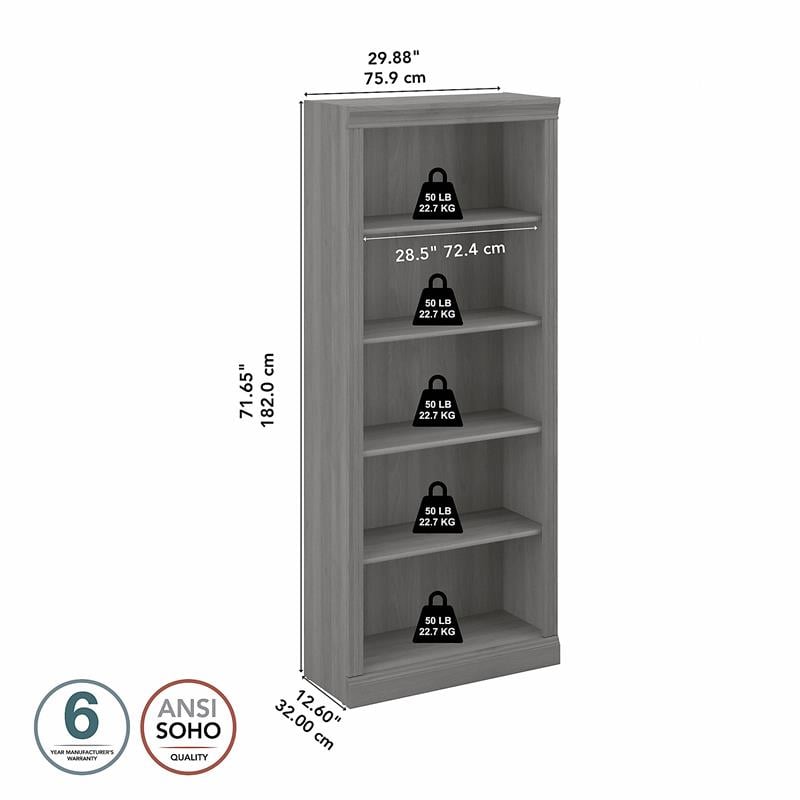 Pemberly Row Set of 2 Tall 5-Shelf Bookcases in Modern Gray - Engineered Wood