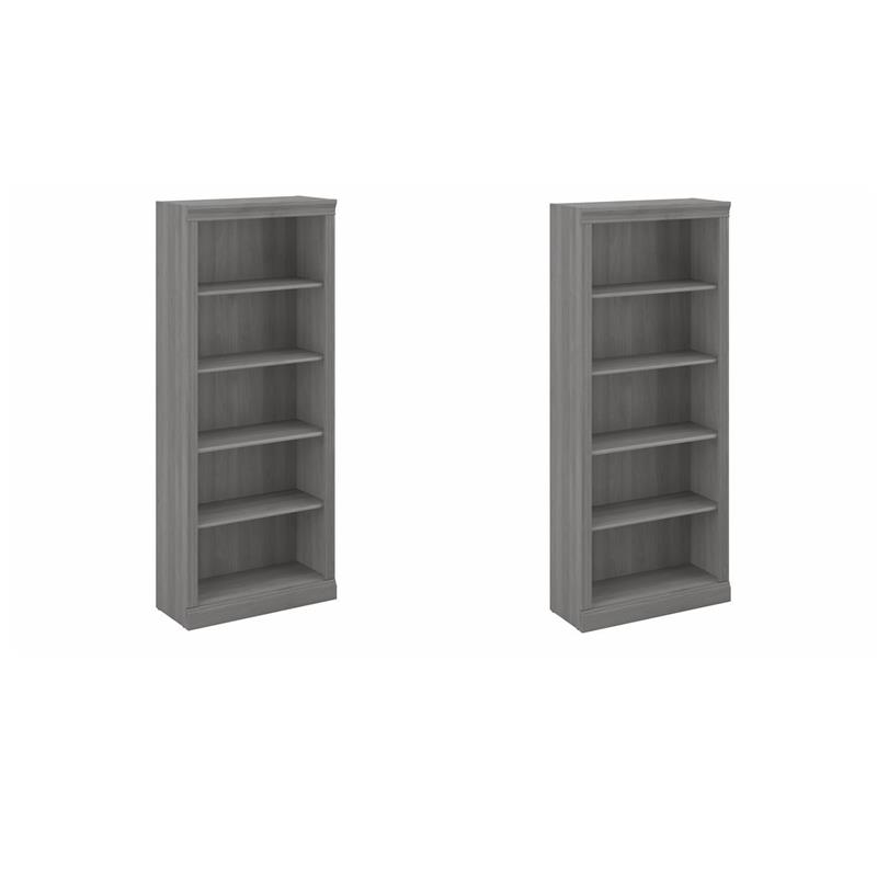 Pemberly Row Set of 2 Tall 5-Shelf Bookcases in Modern Gray - Engineered Wood