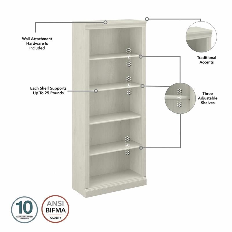Pemberly Row Set of 2 Tall 5-Shelf Bookcases in Linen White Oak