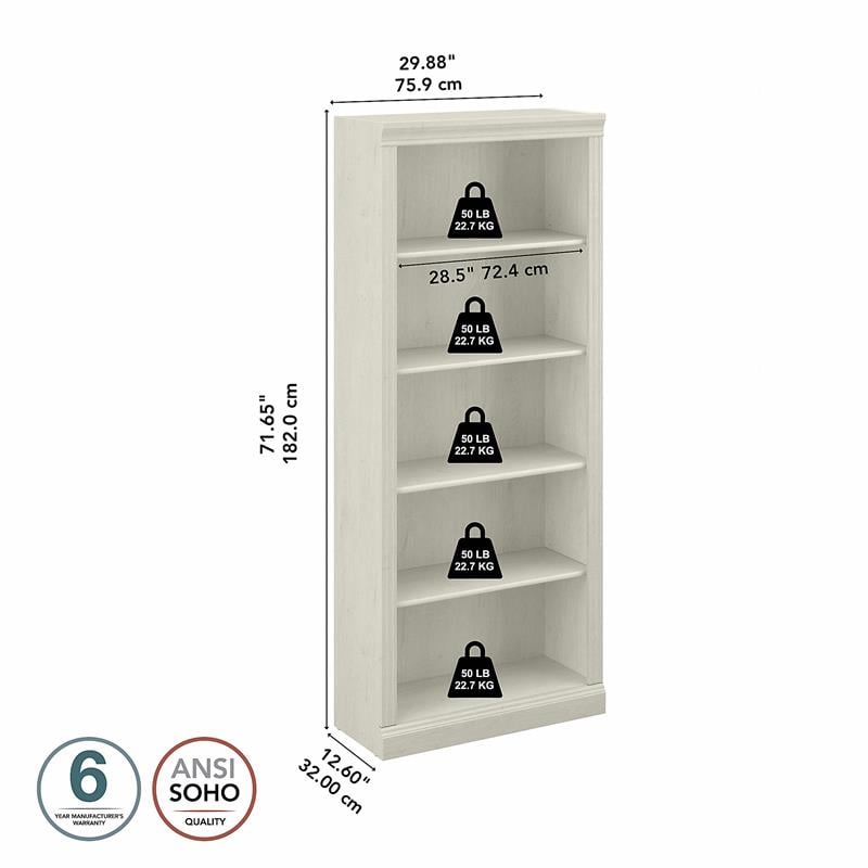Pemberly Row Set of 2 Tall 5-Shelf Bookcases in Linen White Oak