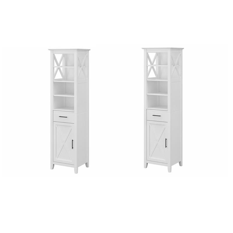 Pemberly Row Set of 2 Tall Engineered Wood Bookcases Cabinet in White Ash