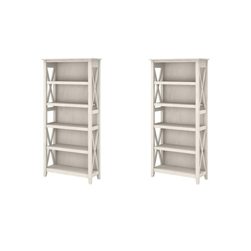 Pemberly Row Set of 2 Tall 5-Shelf Bookcases in Linen White Oak