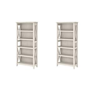 Pemberly Row Set of 2 Tall 5-Shelf Bookcases in Linen White Oak