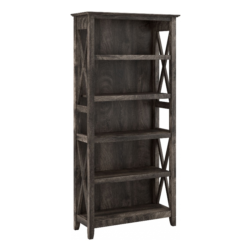 Pemberly Row Set of 2 Tall 5-Shelf Bookcases in Dark Gray Hickory