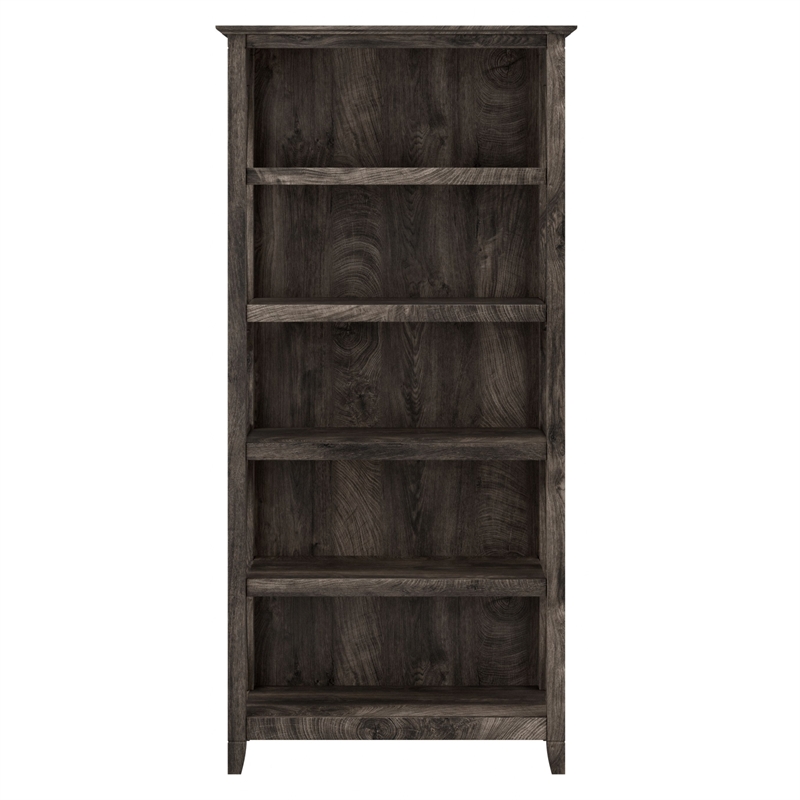 Pemberly Row Set of 2 Tall 5-Shelf Bookcases in Dark Gray Hickory