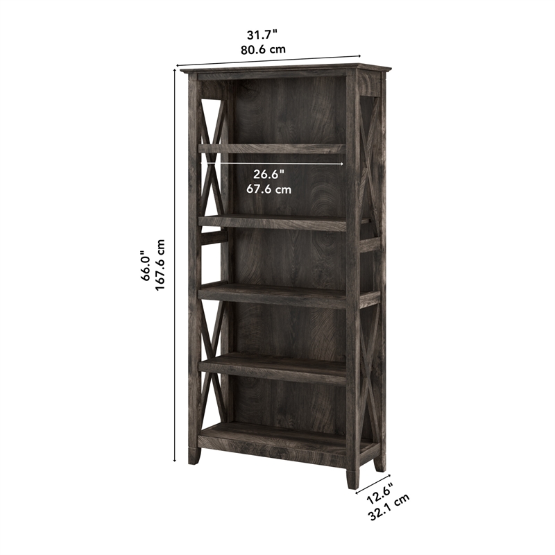 Pemberly Row Set of 2 Tall 5-Shelf Bookcases in Dark Gray Hickory