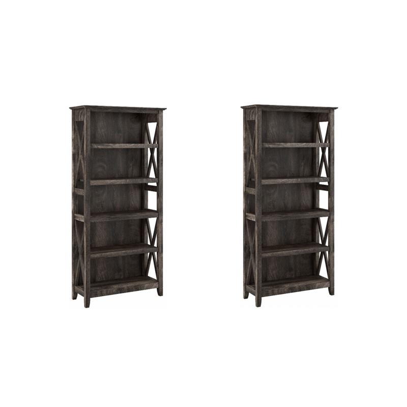Pemberly Row Set of 2 Tall 5-Shelf Bookcases in Dark Gray Hickory