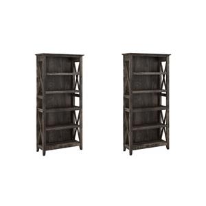 Pemberly Row Set of 2 Tall 5-Shelf Bookcases in Dark Gray Hickory