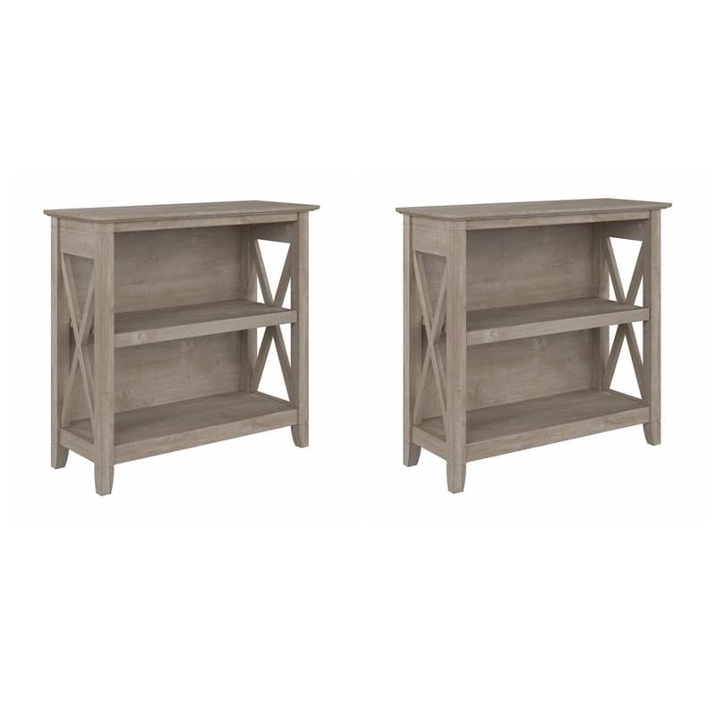 Pemberly Row Set of 2 Small 2-Shelf Bookcases in Washed Gray - Engineered Wood