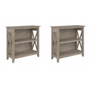 Pemberly Row Set of 2 Small 2-Shelf Bookcases in Washed Gray - Engineered Wood