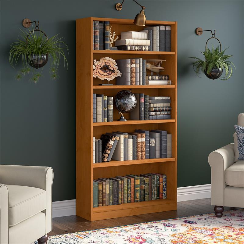 Pemberly Row Set of 2 Tall 5-Shelf Bookcases in Natural Cherry - Engineered Wood