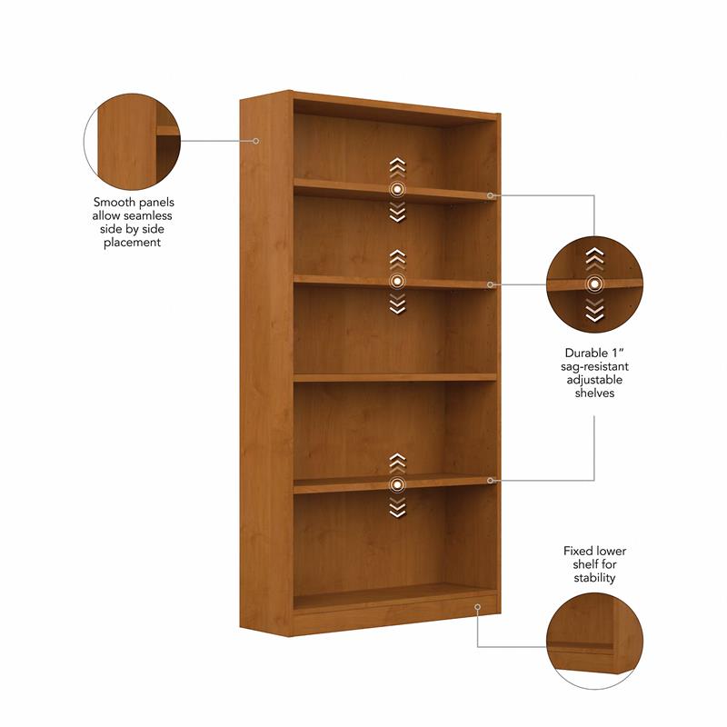 Pemberly Row Set of 2 Tall 5-Shelf Bookcases in Natural Cherry - Engineered Wood