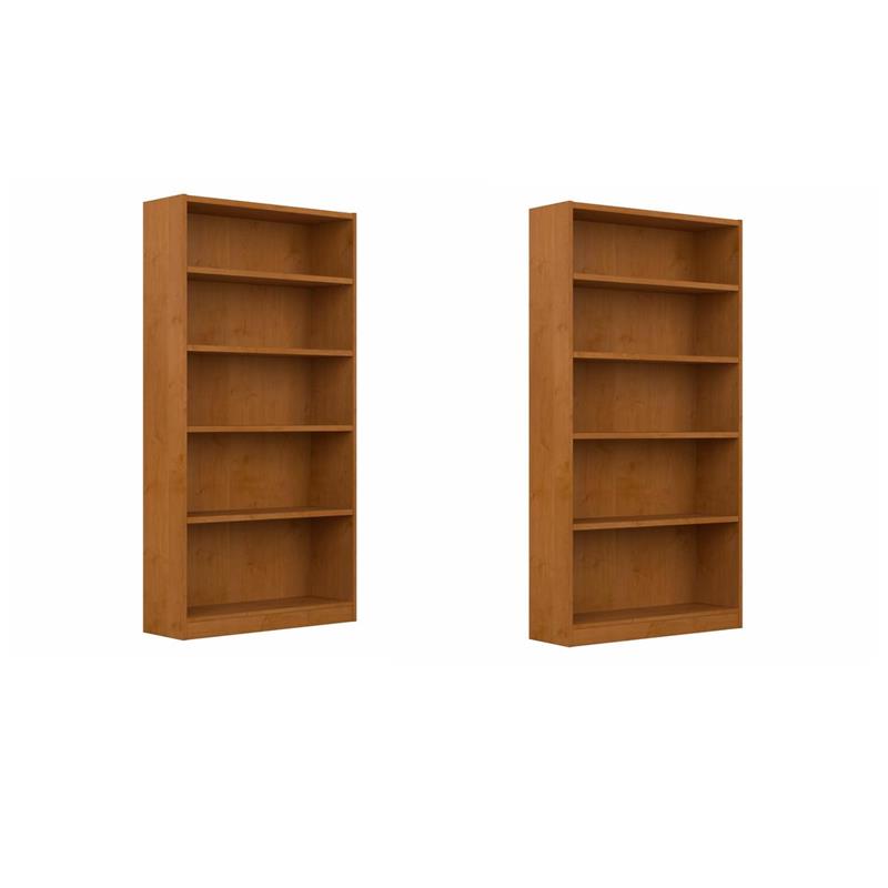 Pemberly Row Set of 2 Tall 5-Shelf Bookcases in Natural Cherry - Engineered Wood