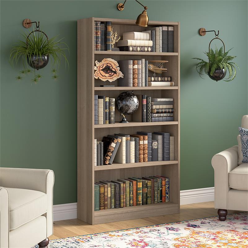 Pemberly Row Set of 2 Tall 5-Shelf Bookcases in Ash Gray - Engineered Wood