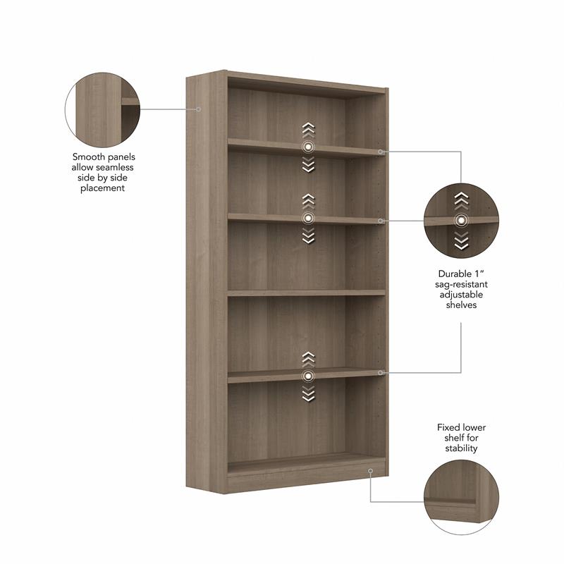 Pemberly Row Set of 2 Tall 5-Shelf Bookcases in Ash Gray - Engineered Wood