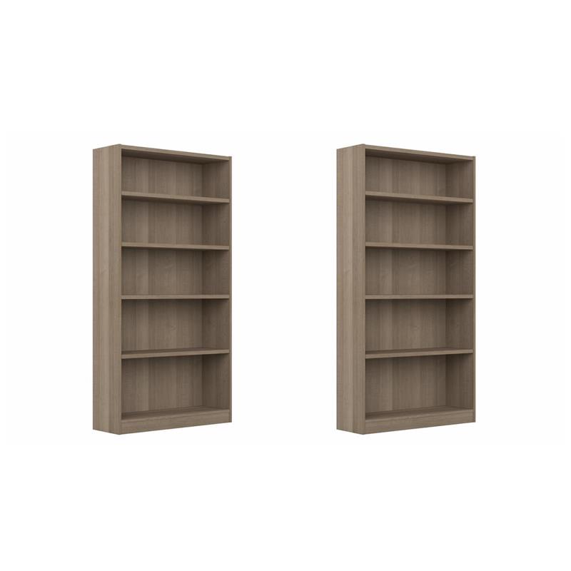 Pemberly Row Set of 2 Tall 5-Shelf Bookcases in Ash Gray - Engineered Wood