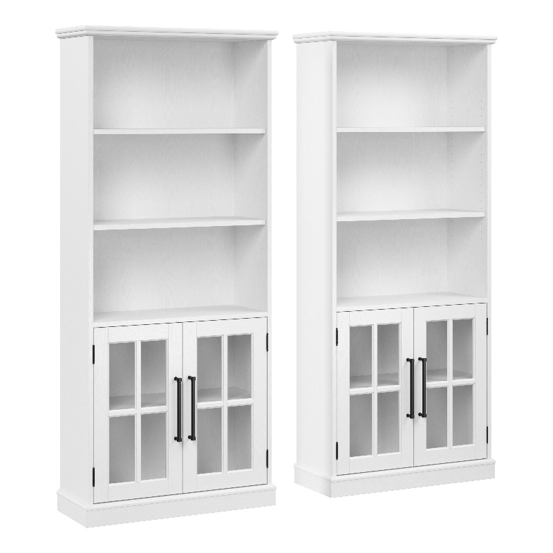 Pemberly Row Set of 4 5-Shelf Bookcases Set with Glass Doors in White