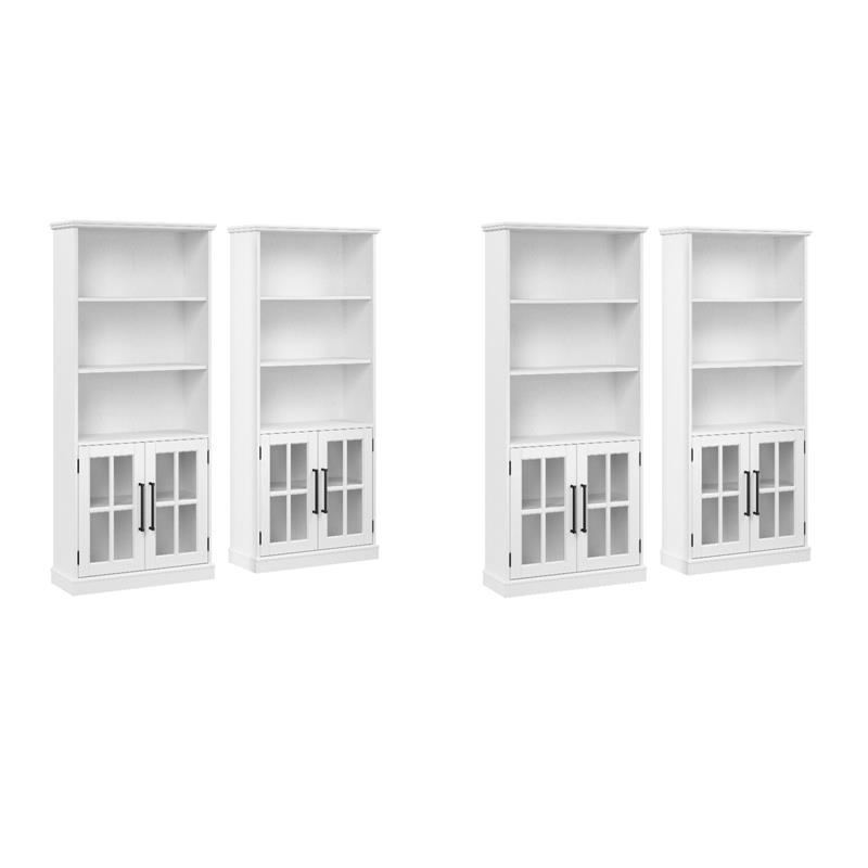 Pemberly Row Set of 4 5-Shelf Bookcases Set with Glass Doors in White