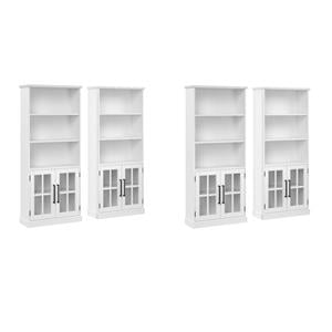 Pemberly Row Set of 4 5-Shelf Bookcases Set with Glass Doors in White