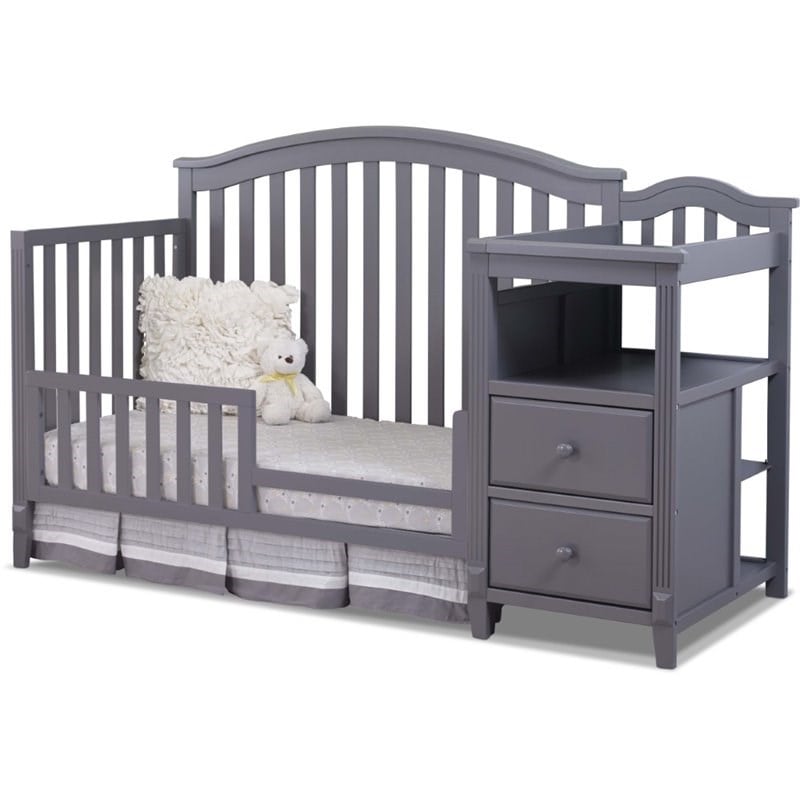 Pemberly Row Transitional Crib and Changer with Open Shelf and 2 Drawers in Gray