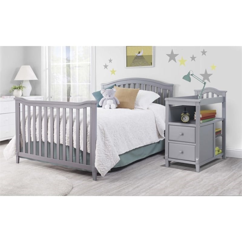 Pemberly Row Transitional Crib and Changer with Open Shelf and 2 Drawers in Gray