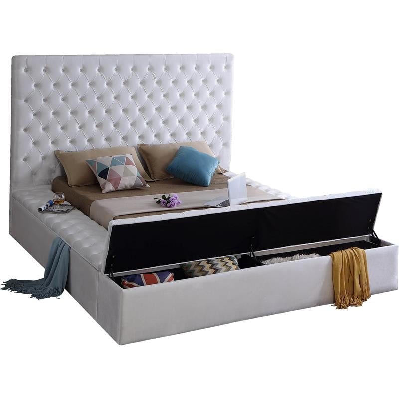 Pemberly Row Solid Wood Tufted Velvet Fabric King Bed in White
