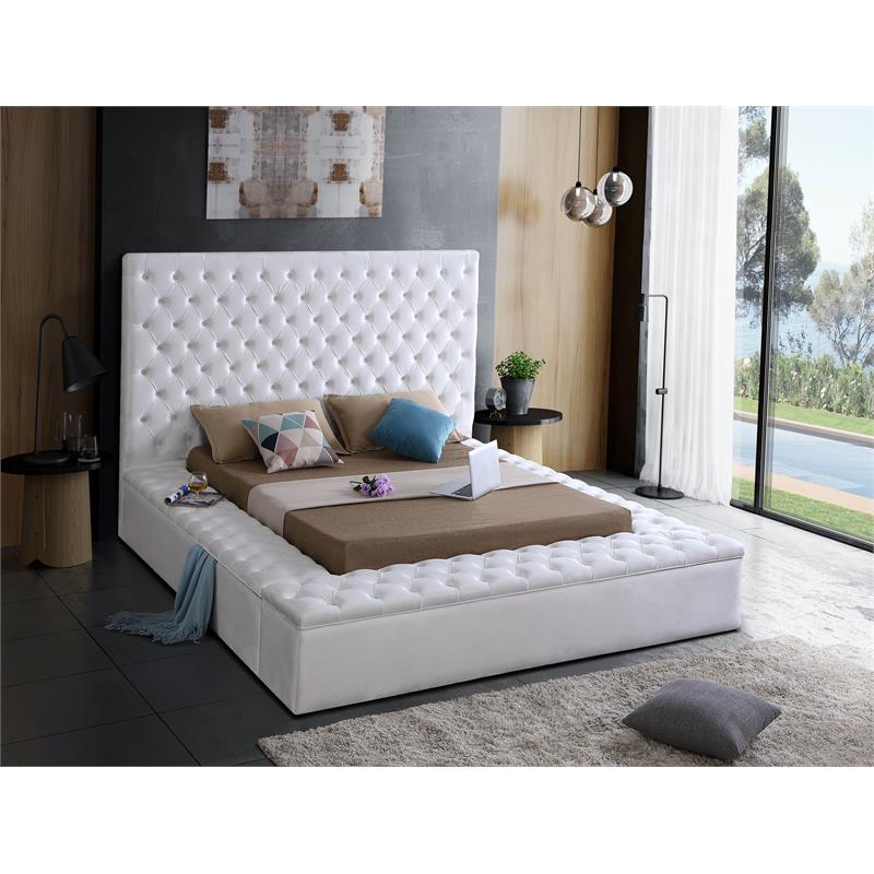 Pemberly Row Solid Wood Tufted Velvet Fabric King Bed in White