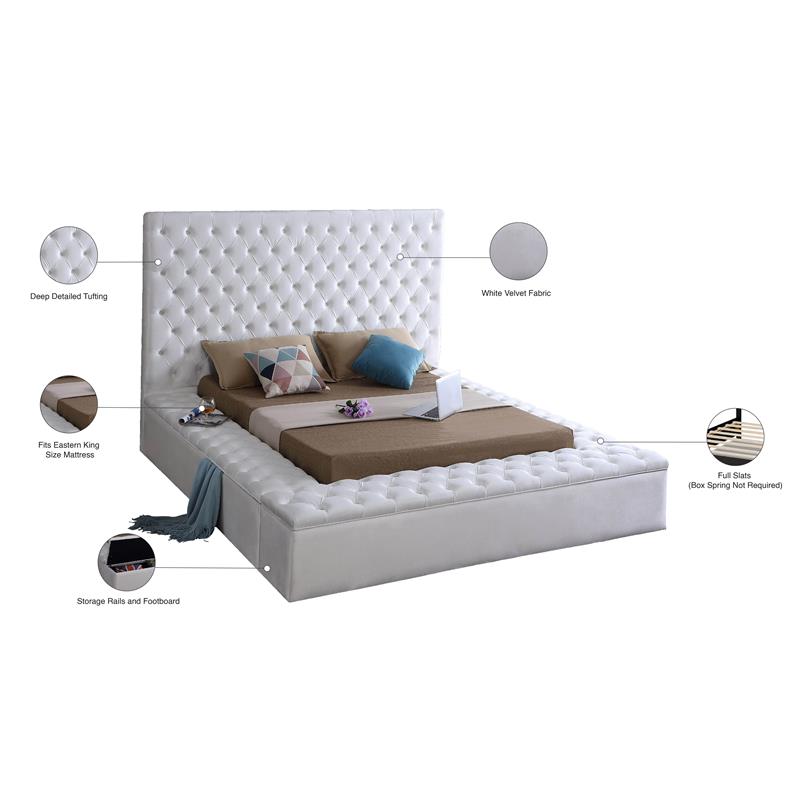 Pemberly Row Solid Wood Tufted Velvet Fabric King Bed in White