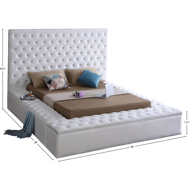Pemberly Row Solid Wood Tufted Velvet Fabric King Bed in White