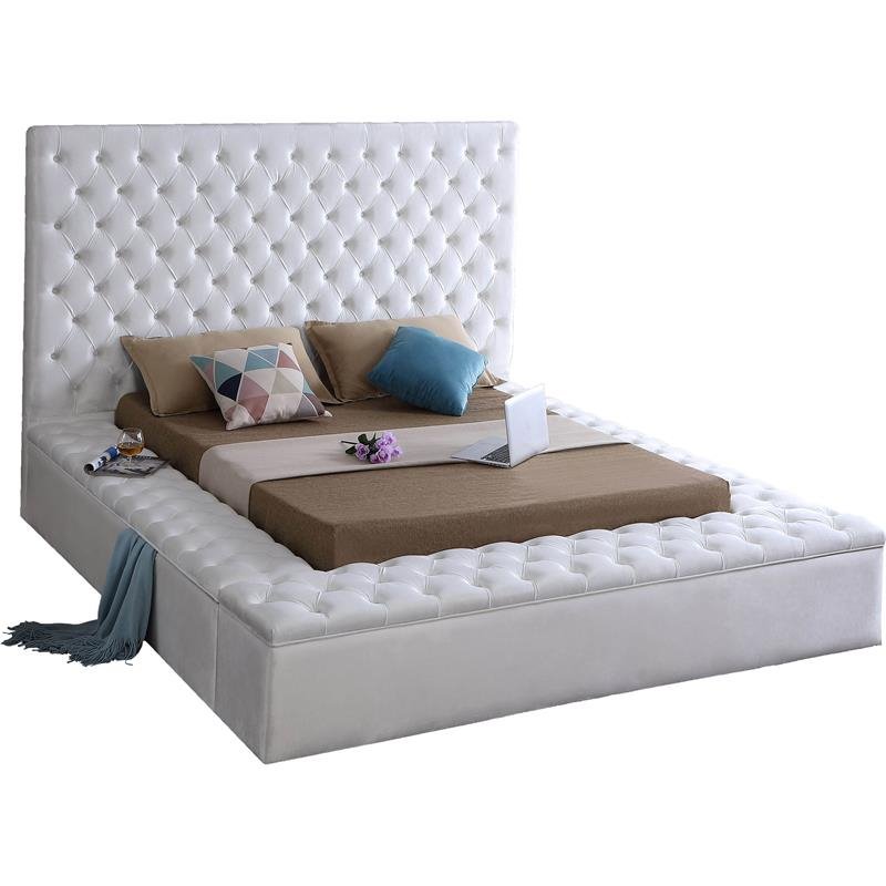 Pemberly Row Solid Wood Tufted Velvet Fabric King Bed in White