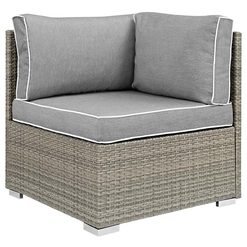 Pemberly Row Rattan & Fabric Patio Corner Chair in Gray Finish