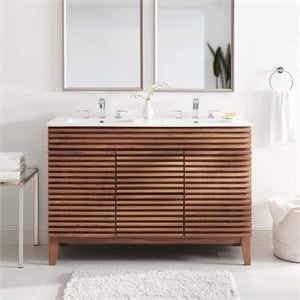Pemberly Row 48&quot Modern Wood Double Sink Bathroom Vanity in Walnut/White