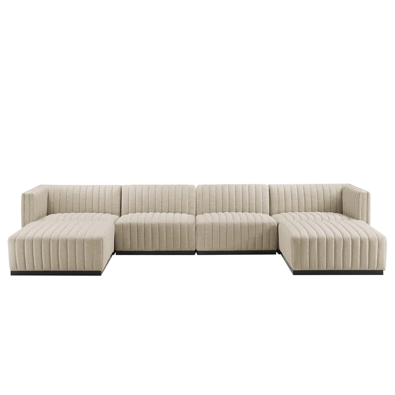 Pemberly Row 6-Piece Channel Tufted Fabric Sectional Sofa in Black/Beige