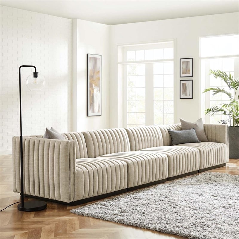 Pemberly Row 4-Piece Channel Tufted Fabric Sofa in Black/Beige